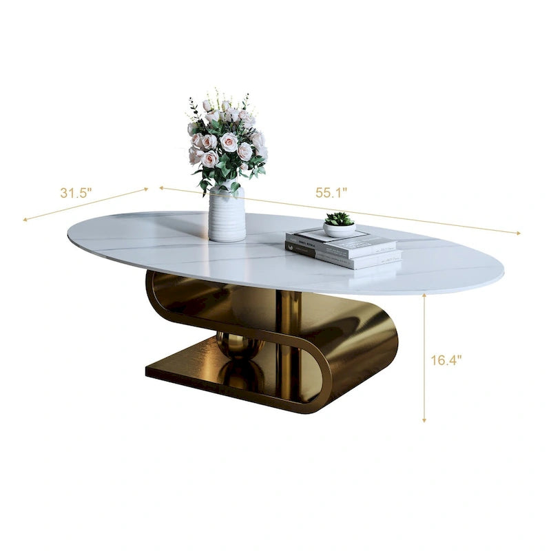 Table basse ovale moderne en pierre frittée blanche et or / argent, 1 place, pour salon